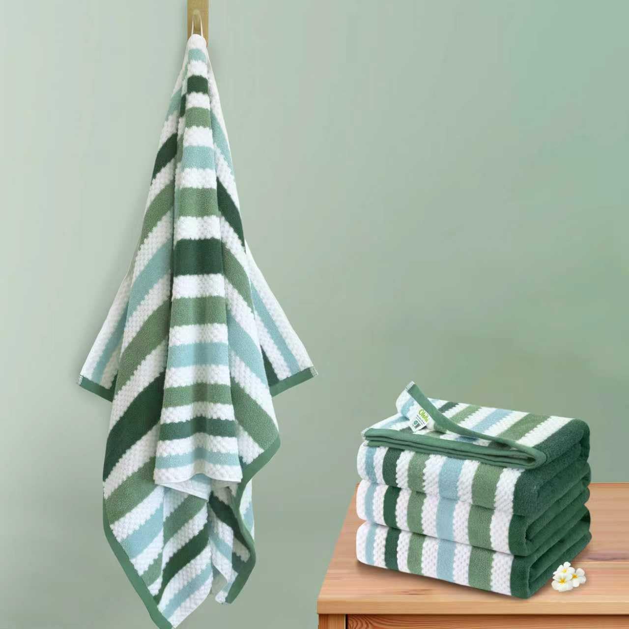 Striped Bath Towels (4PC, 30"x56") - Quick Dry | Absorb | Lightweight | 540GSM | Soft, Cotton Polyester Blend Bath Towels, Decorative Bath Towel with Hanging Loops, Blue-Grey Stripes + White Checkered