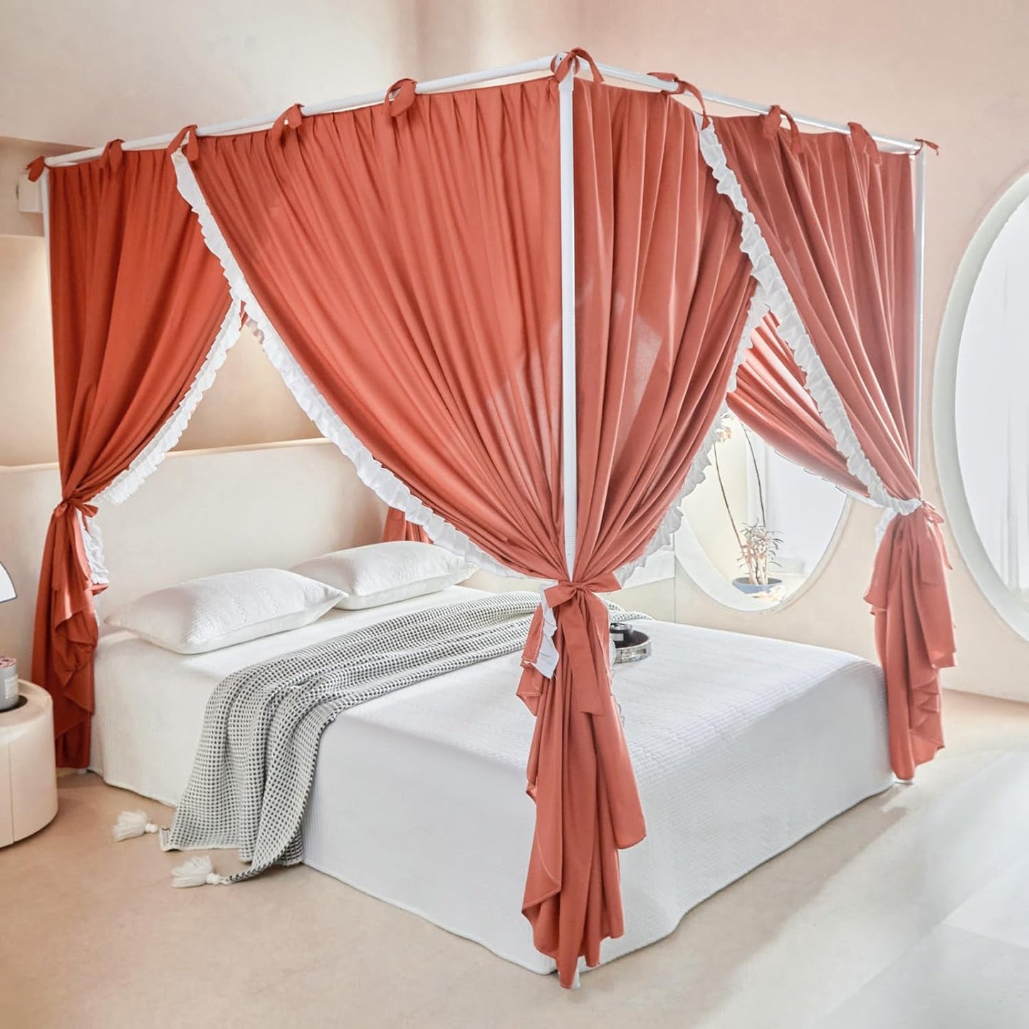 AIKASY Princess Canopy Bed Curtains with Top Ties - Windproof & Lightproof for Girls' Adult Bedroom Decor | Bed Canopy Drapes (Queen,Khaki)