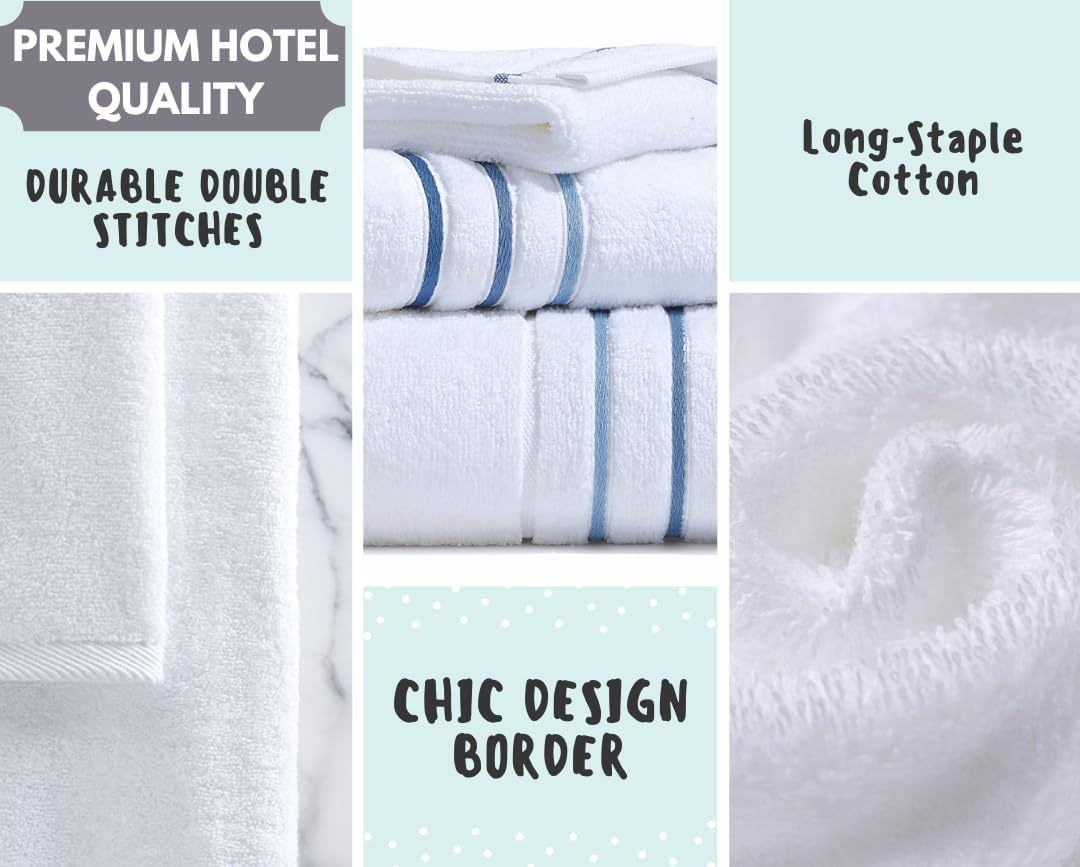Bath Towel Set_White Towel For Bathroom, Luxury Hotel &Spa Quality, 100% Cotton .Includes 2 Large Bath Towels, 2 Hand Towels and 2 Washcloths.Super Soft, Absorbent & Decorative (White/Azure Blue)