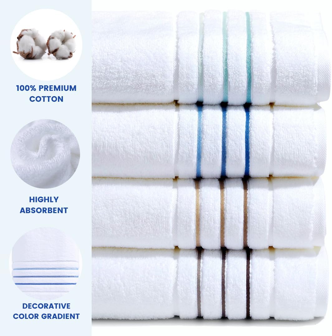 Bath Towel Set_White Towel For Bathroom, Luxury Hotel &Spa Quality, 100% Cotton .Includes 2 Large Bath Towels, 2 Hand Towels and 2 Washcloths.Super Soft, Absorbent & Decorative (White/Azure Blue)
