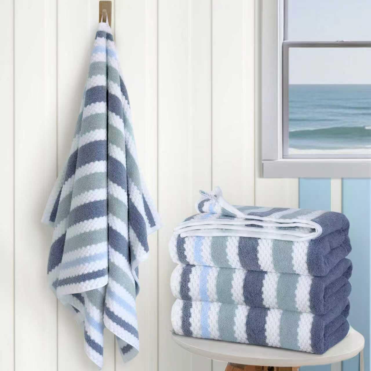 Striped Bath Towels (4PC, 30"x56") - Quick Dry | Absorb | Lightweight | 540GSM | Soft, Cotton Polyester Blend Bath Towels, Decorative Bath Towel with Hanging Loops, Blue-Grey Stripes + White Checkered