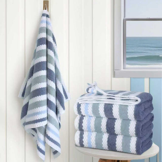 Striped Bath Towels (4PC, 30"x56") - Quick Dry | Absorb | Lightweight | 540GSM | Soft, Cotton Polyester Blend Bath Towels, Decorative Bath Towel with Hanging Loops, Blue-Grey Stripes + White Checkered