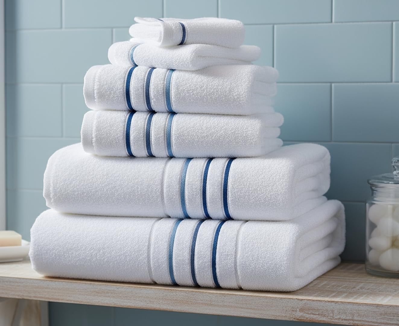 Bath Towel Set_White Towel For Bathroom, Luxury Hotel &Spa Quality, 100% Cotton .Includes 2 Large Bath Towels, 2 Hand Towels and 2 Washcloths.Super Soft, Absorbent & Decorative (White/Azure Blue)