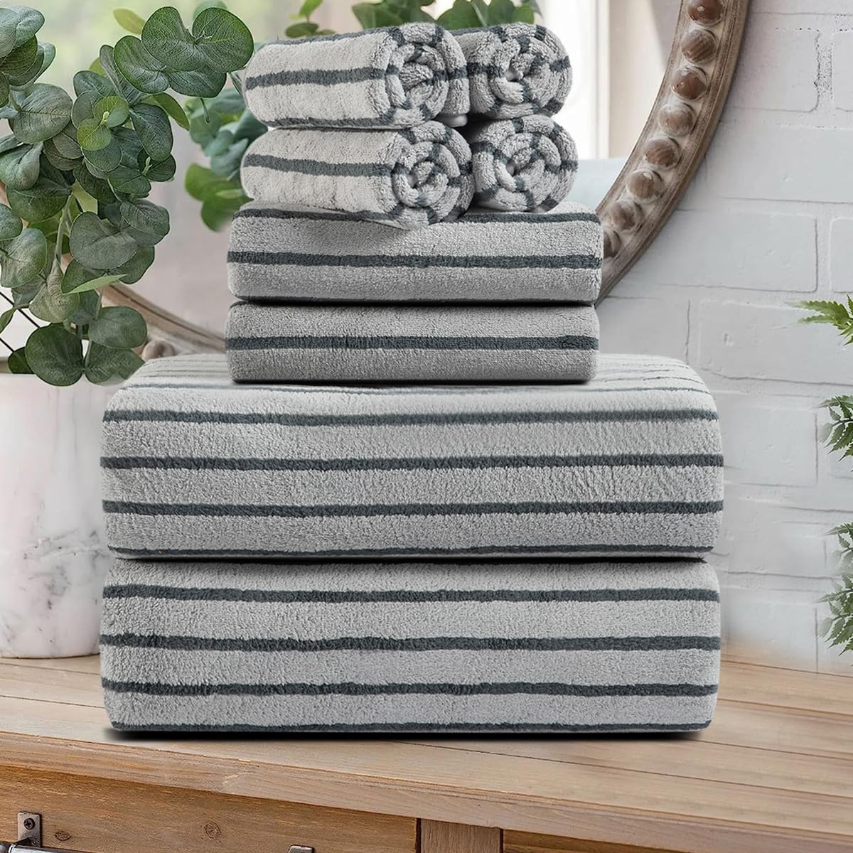 8 Pcs Navy Cabana Stripe Large Bath Towel Set Oversized Bath Sheet 2 Bathroom Towels,2 Hand Towels,4 Washcloths Soft Jumbo Towels Absorbent Shower Towel Quick Dry Beach Chair Spa Gym Hotel Towel Set