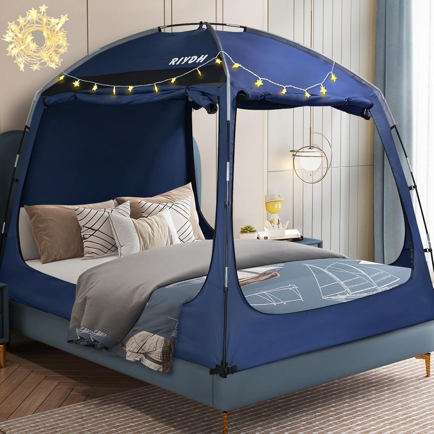 Bed Tent Bed Canopy Breathable 100% for Adult and Kids- Original Design Light Reduction 93% Sleeping Dream Tents Indoor Portable Big Space with String Light 3 Doors Twin Full Queen King Size