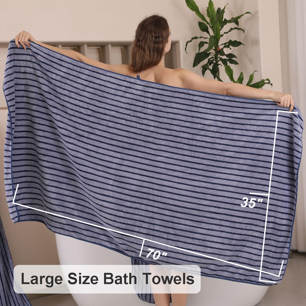 8 Pcs Navy Cabana Stripe Large Bath Towel Set Oversized Bath Sheet 2 Bathroom Towels,2 Hand Towels,4 Washcloths Soft Jumbo Towels Absorbent Shower Towel Quick Dry Beach Chair Spa Gym Hotel Towel Set