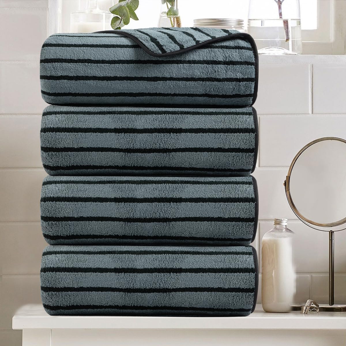 8 Pcs Navy Cabana Stripe Large Bath Towel Set Oversized Bath Sheet 2 Bathroom Towels,2 Hand Towels,4 Washcloths Soft Jumbo Towels Absorbent Shower Towel Quick Dry Beach Chair Spa Gym Hotel Towel Set