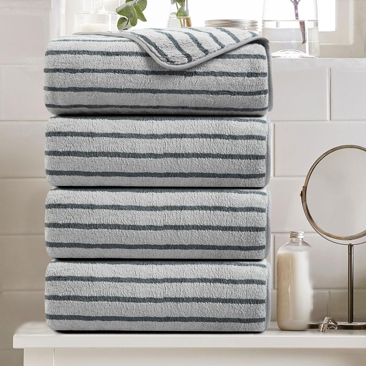 8 Pcs Navy Cabana Stripe Large Bath Towel Set Oversized Bath Sheet 2 Bathroom Towels,2 Hand Towels,4 Washcloths Soft Jumbo Towels Absorbent Shower Towel Quick Dry Beach Chair Spa Gym Hotel Towel Set