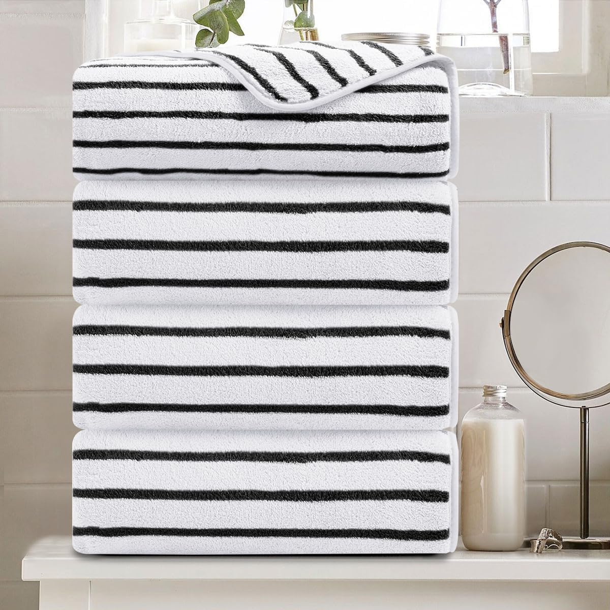 8 Pcs Navy Cabana Stripe Large Bath Towel Set Oversized Bath Sheet 2 Bathroom Towels,2 Hand Towels,4 Washcloths Soft Jumbo Towels Absorbent Shower Towel Quick Dry Beach Chair Spa Gym Hotel Towel Set