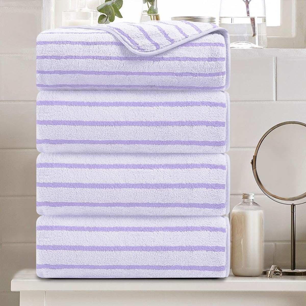 8 Pcs Navy Cabana Stripe Large Bath Towel Set Oversized Bath Sheet 2 Bathroom Towels,2 Hand Towels,4 Washcloths Soft Jumbo Towels Absorbent Shower Towel Quick Dry Beach Chair Spa Gym Hotel Towel Set