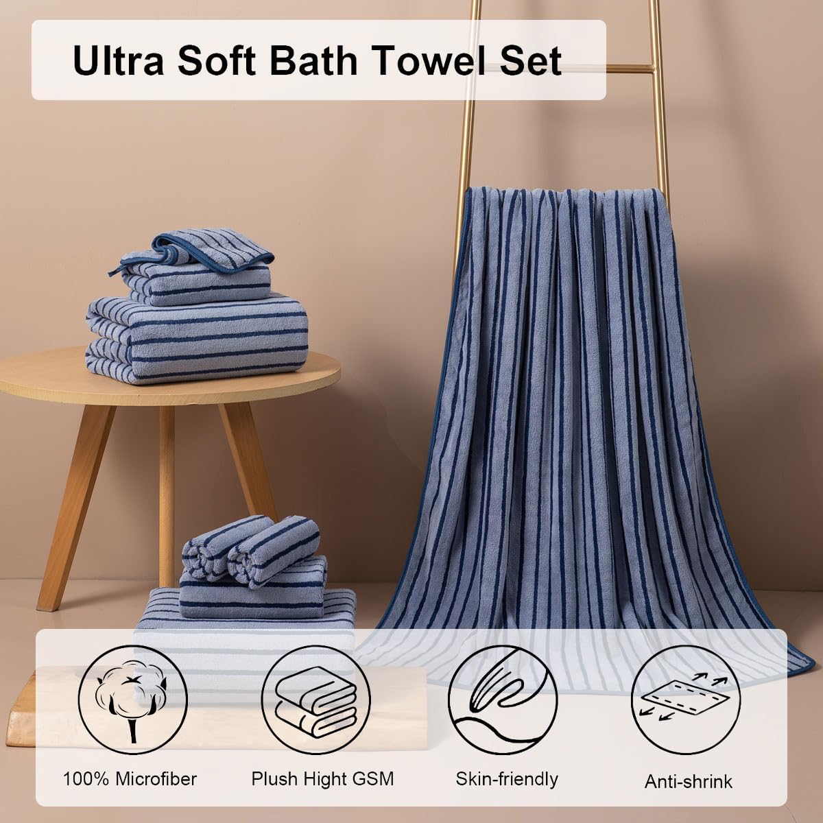 8 Pcs Navy Cabana Stripe Large Bath Towel Set Oversized Bath Sheet 2 Bathroom Towels,2 Hand Towels,4 Washcloths Soft Jumbo Towels Absorbent Shower Towel Quick Dry Beach Chair Spa Gym Hotel Towel Set