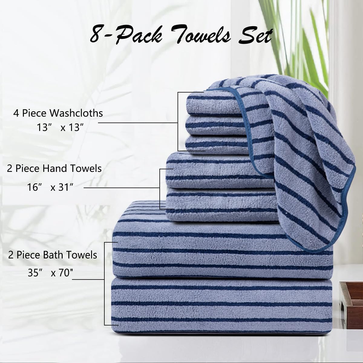 8 Pcs Navy Cabana Stripe Large Bath Towel Set Oversized Bath Sheet 2 Bathroom Towels,2 Hand Towels,4 Washcloths Soft Jumbo Towels Absorbent Shower Towel Quick Dry Beach Chair Spa Gym Hotel Towel Set