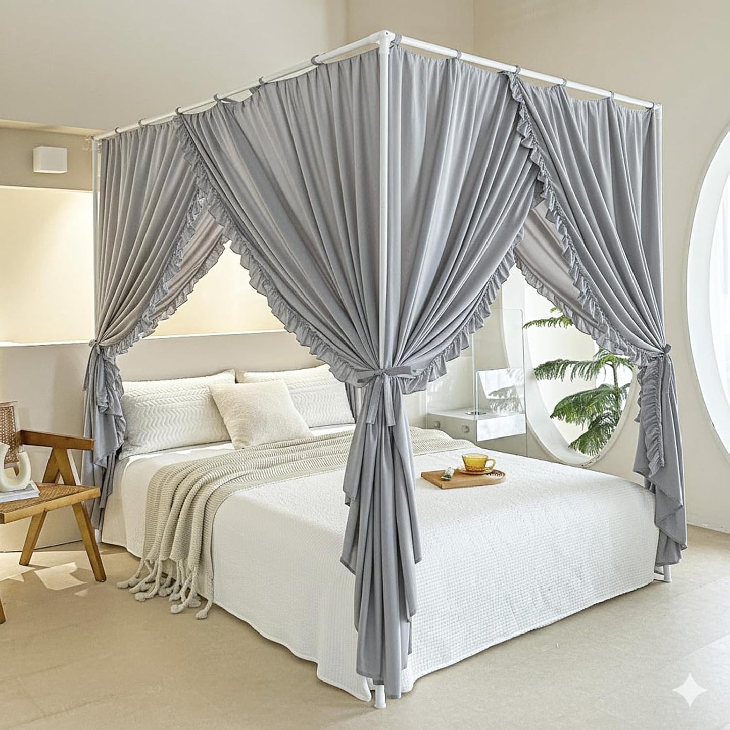 AIKASY Princess Canopy Bed Curtains with Top Ties - Windproof & Lightproof for Girls' Adult Bedroom Decor | Bed Canopy Drapes (Queen,Khaki)