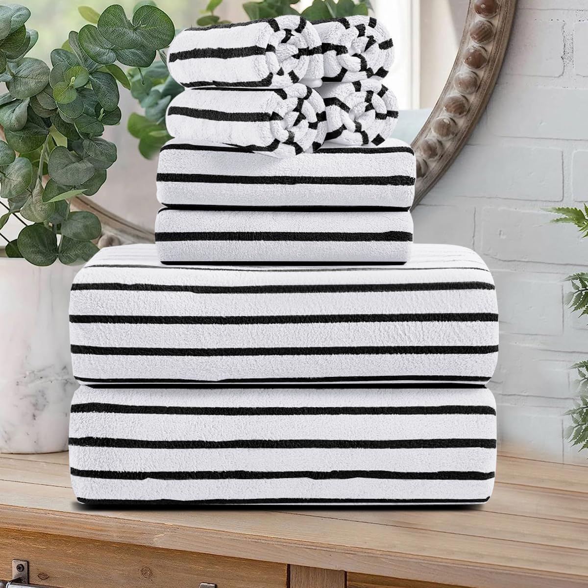 8 Pcs Navy Cabana Stripe Large Bath Towel Set Oversized Bath Sheet 2 Bathroom Towels,2 Hand Towels,4 Washcloths Soft Jumbo Towels Absorbent Shower Towel Quick Dry Beach Chair Spa Gym Hotel Towel Set