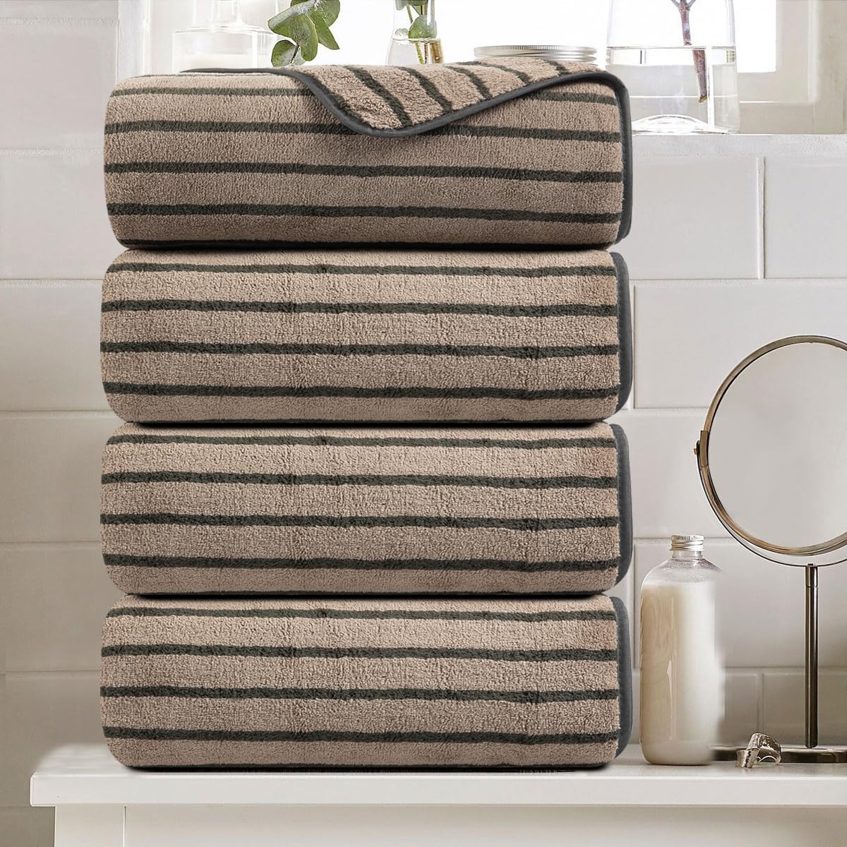 8 Pcs Navy Cabana Stripe Large Bath Towel Set Oversized Bath Sheet 2 Bathroom Towels,2 Hand Towels,4 Washcloths Soft Jumbo Towels Absorbent Shower Towel Quick Dry Beach Chair Spa Gym Hotel Towel Set