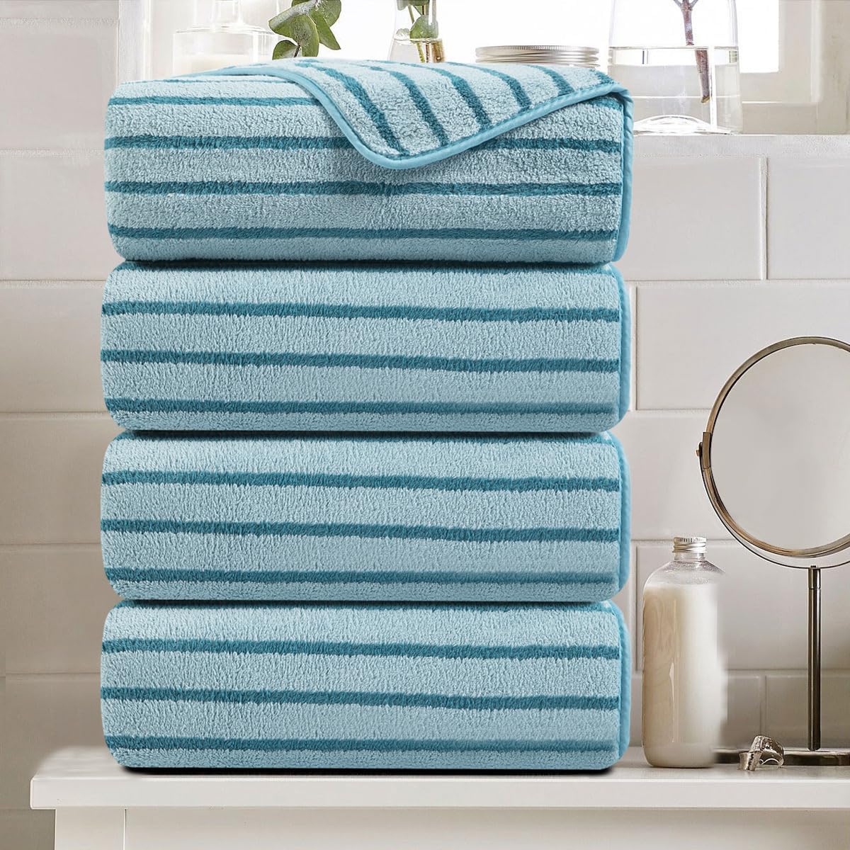 8 Pcs Navy Cabana Stripe Large Bath Towel Set Oversized Bath Sheet 2 Bathroom Towels,2 Hand Towels,4 Washcloths Soft Jumbo Towels Absorbent Shower Towel Quick Dry Beach Chair Spa Gym Hotel Towel Set