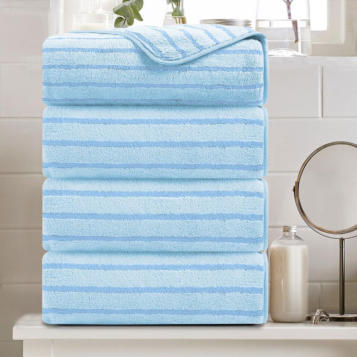 8 Pcs Navy Cabana Stripe Large Bath Towel Set Oversized Bath Sheet 2 Bathroom Towels,2 Hand Towels,4 Washcloths Soft Jumbo Towels Absorbent Shower Towel Quick Dry Beach Chair Spa Gym Hotel Towel Set