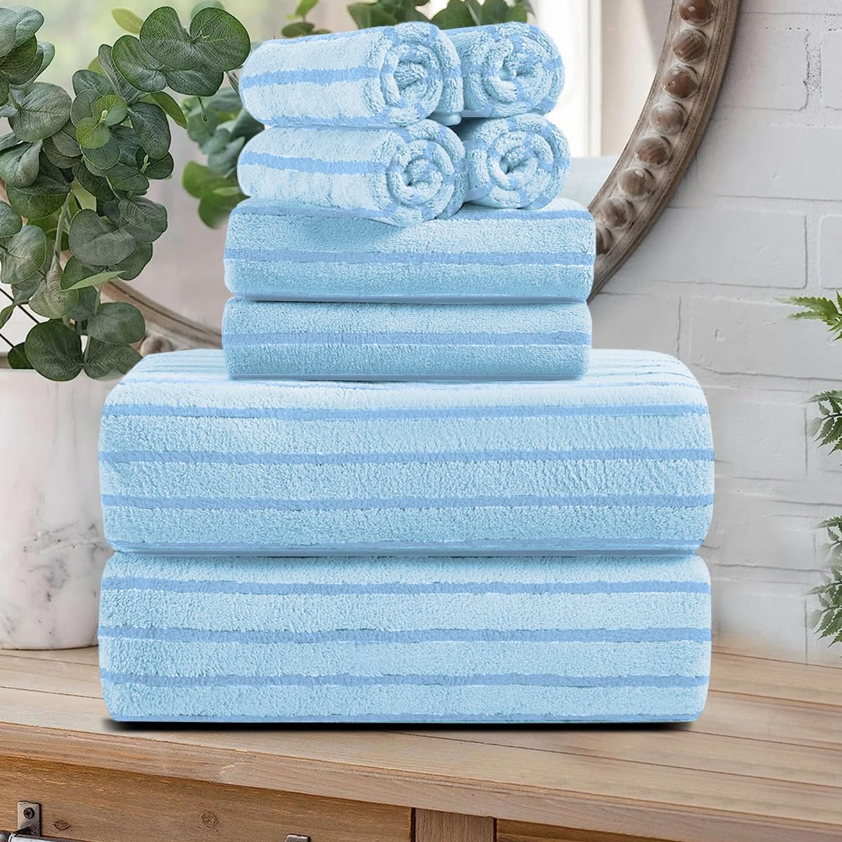 8 Pcs Navy Cabana Stripe Large Bath Towel Set Oversized Bath Sheet 2 Bathroom Towels,2 Hand Towels,4 Washcloths Soft Jumbo Towels Absorbent Shower Towel Quick Dry Beach Chair Spa Gym Hotel Towel Set
