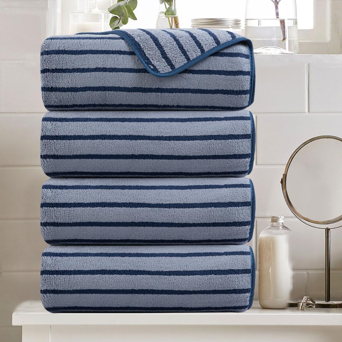 8 Pcs Navy Cabana Stripe Large Bath Towel Set Oversized Bath Sheet 2 Bathroom Towels,2 Hand Towels,4 Washcloths Soft Jumbo Towels Absorbent Shower Towel Quick Dry Beach Chair Spa Gym Hotel Towel Set