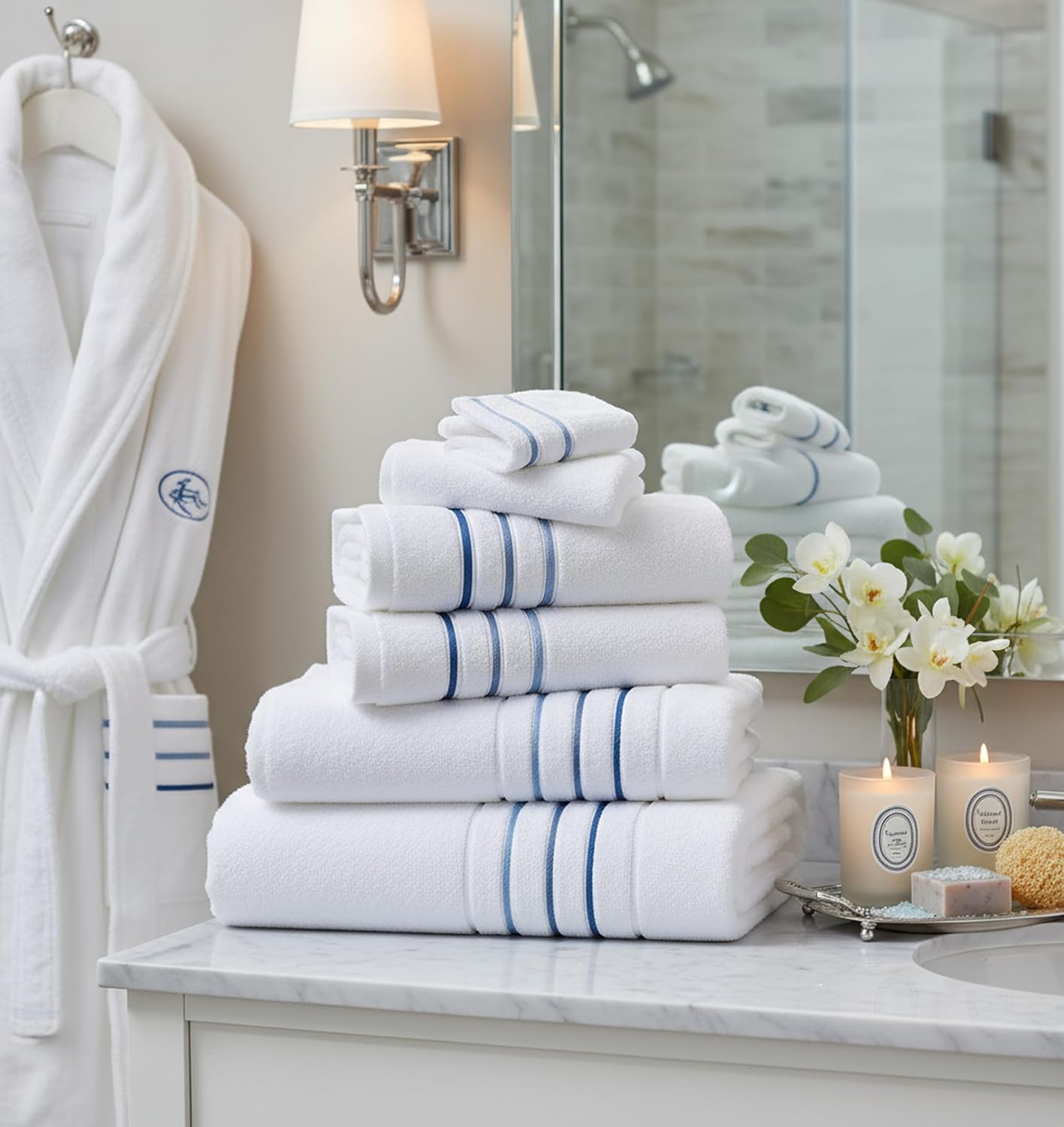 Bath Towel Set_White Towel For Bathroom, Luxury Hotel &Spa Quality, 100% Cotton .Includes 2 Large Bath Towels, 2 Hand Towels and 2 Washcloths.Super Soft, Absorbent & Decorative (White/Azure Blue)