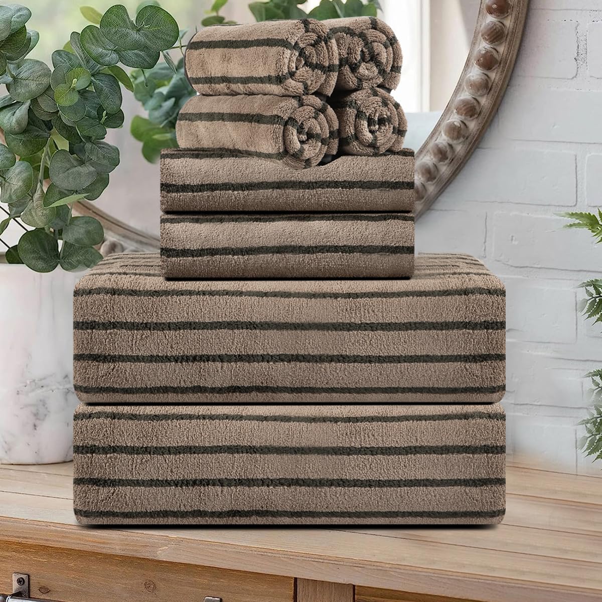 8 Pcs Navy Cabana Stripe Large Bath Towel Set Oversized Bath Sheet 2 Bathroom Towels,2 Hand Towels,4 Washcloths Soft Jumbo Towels Absorbent Shower Towel Quick Dry Beach Chair Spa Gym Hotel Towel Set