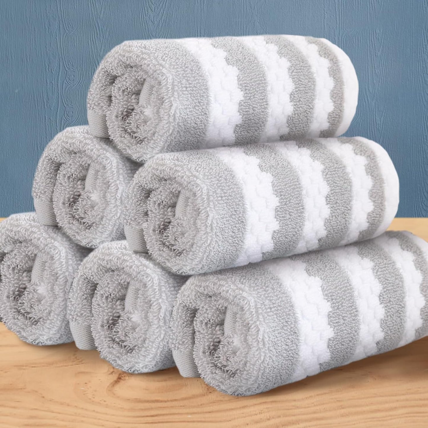 Striped Bath Towels (4PC, 30"x56") - Quick Dry | Absorb | Lightweight | 540GSM | Soft, Cotton Polyester Blend Bath Towels, Decorative Bath Towel with Hanging Loops, Blue-Grey Stripes + White Checkered