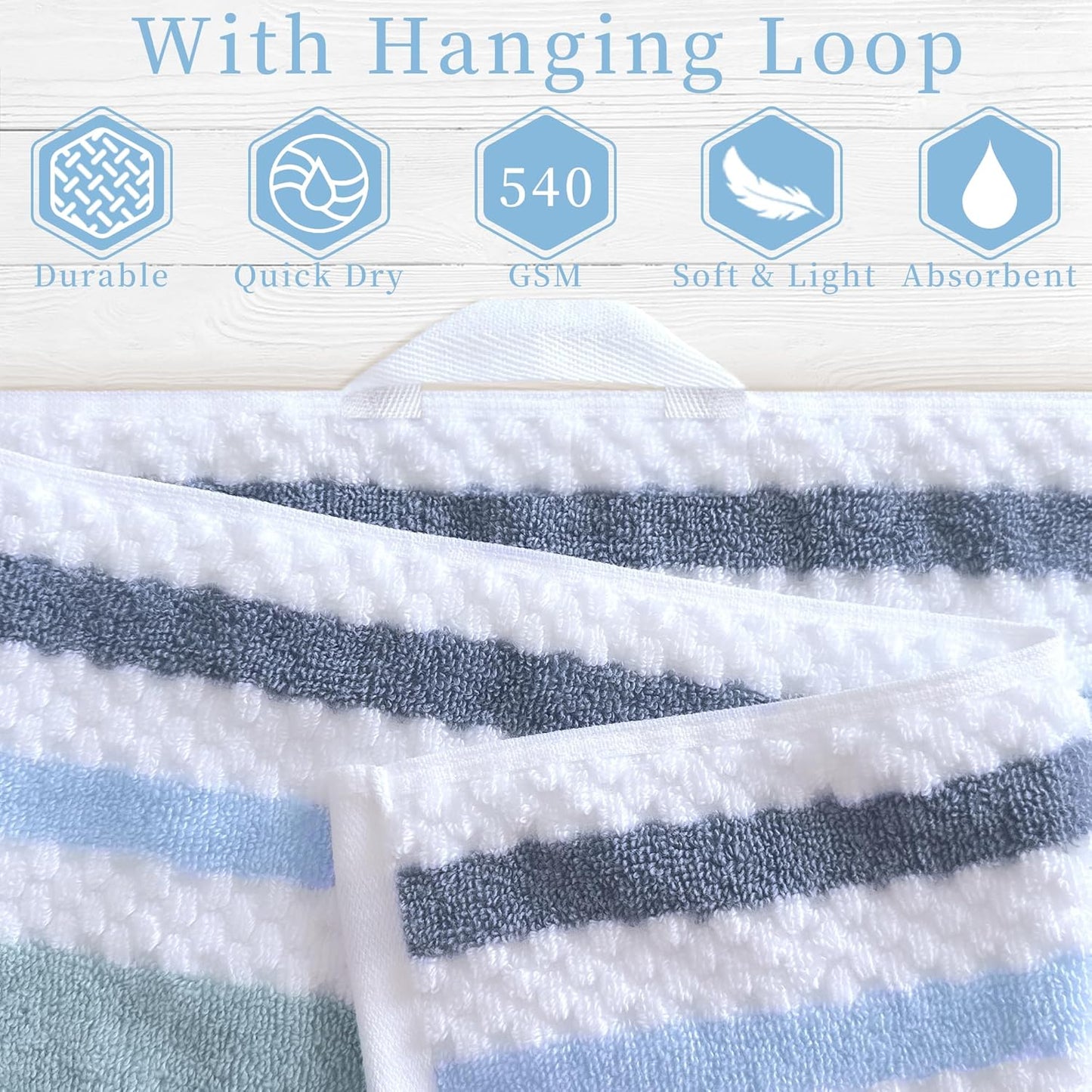 Striped Bath Towels (4PC, 30"x56") - Quick Dry | Absorb | Lightweight | 540GSM | Soft, Cotton Polyester Blend Bath Towels, Decorative Bath Towel with Hanging Loops, Blue-Grey Stripes + White Checkered