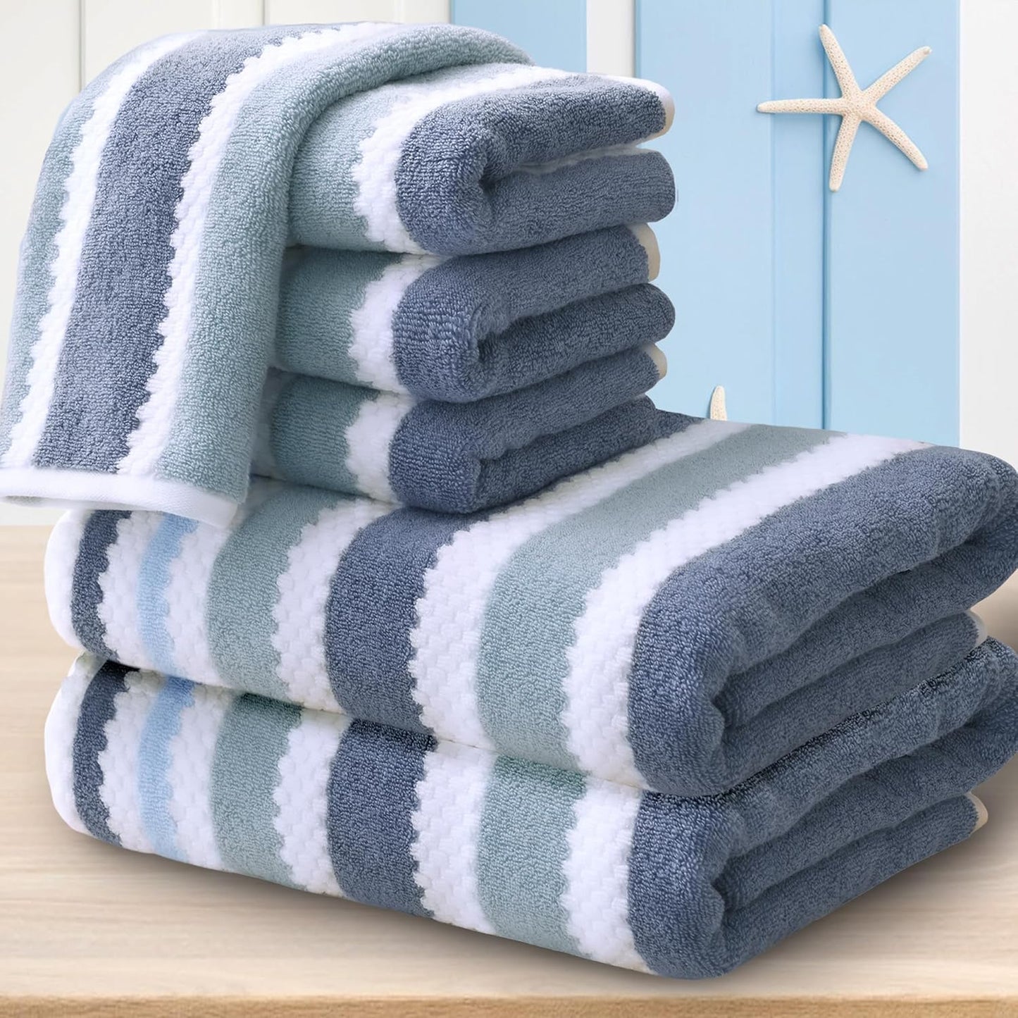 Striped Bath Towels (4PC, 30"x56") - Quick Dry | Absorb | Lightweight | 540GSM | Soft, Cotton Polyester Blend Bath Towels, Decorative Bath Towel with Hanging Loops, Blue-Grey Stripes + White Checkered