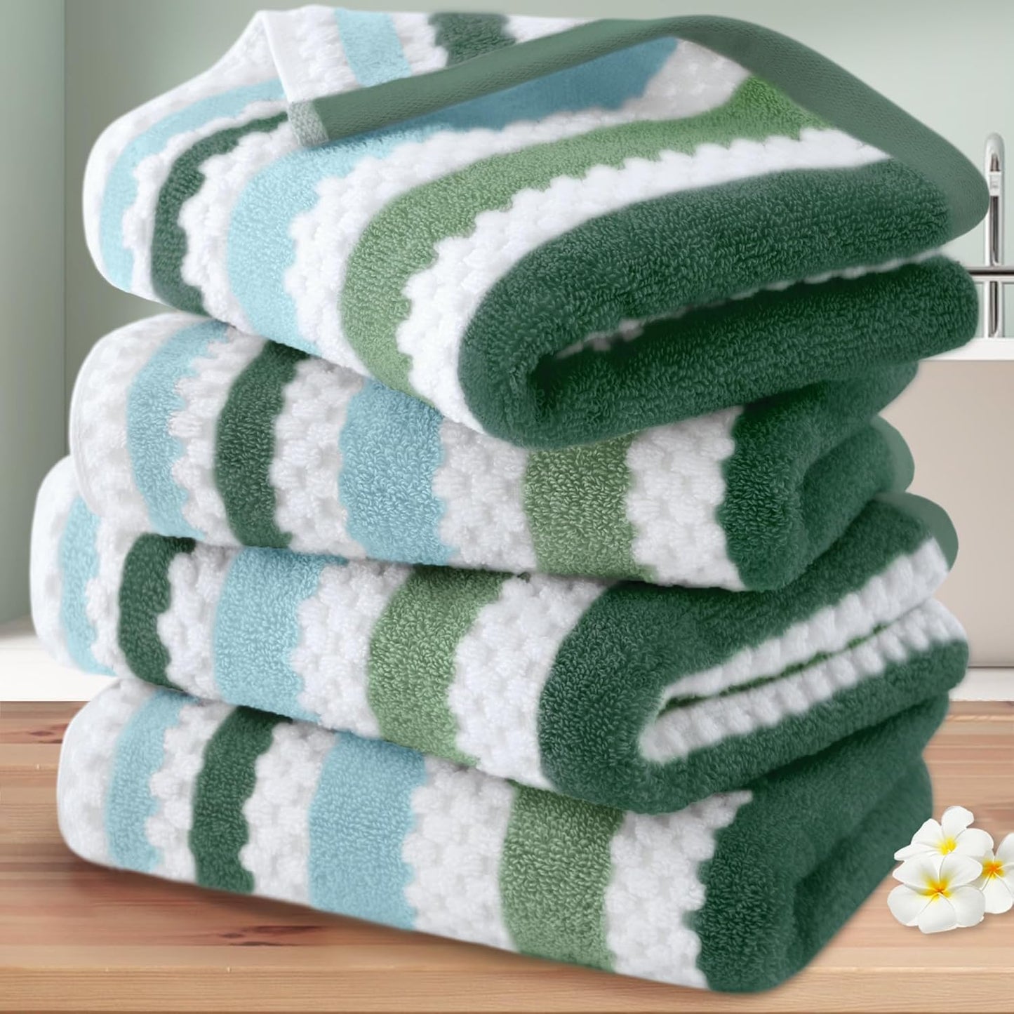 Striped Bath Towels (4PC, 30"x56") - Quick Dry | Absorb | Lightweight | 540GSM | Soft, Cotton Polyester Blend Bath Towels, Decorative Bath Towel with Hanging Loops, Blue-Grey Stripes + White Checkered