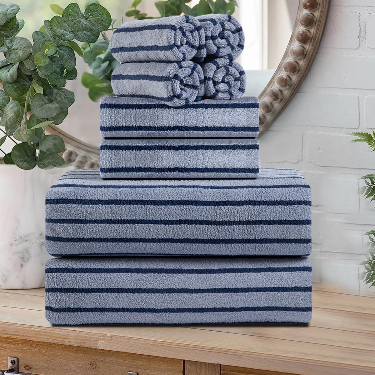 8 Pcs Navy Cabana Stripe Large Bath Towel Set Oversized Bath Sheet 2 Bathroom Towels,2 Hand Towels,4 Washcloths Soft Jumbo Towels Absorbent Shower Towel Quick Dry Beach Chair Spa Gym Hotel Towel Set