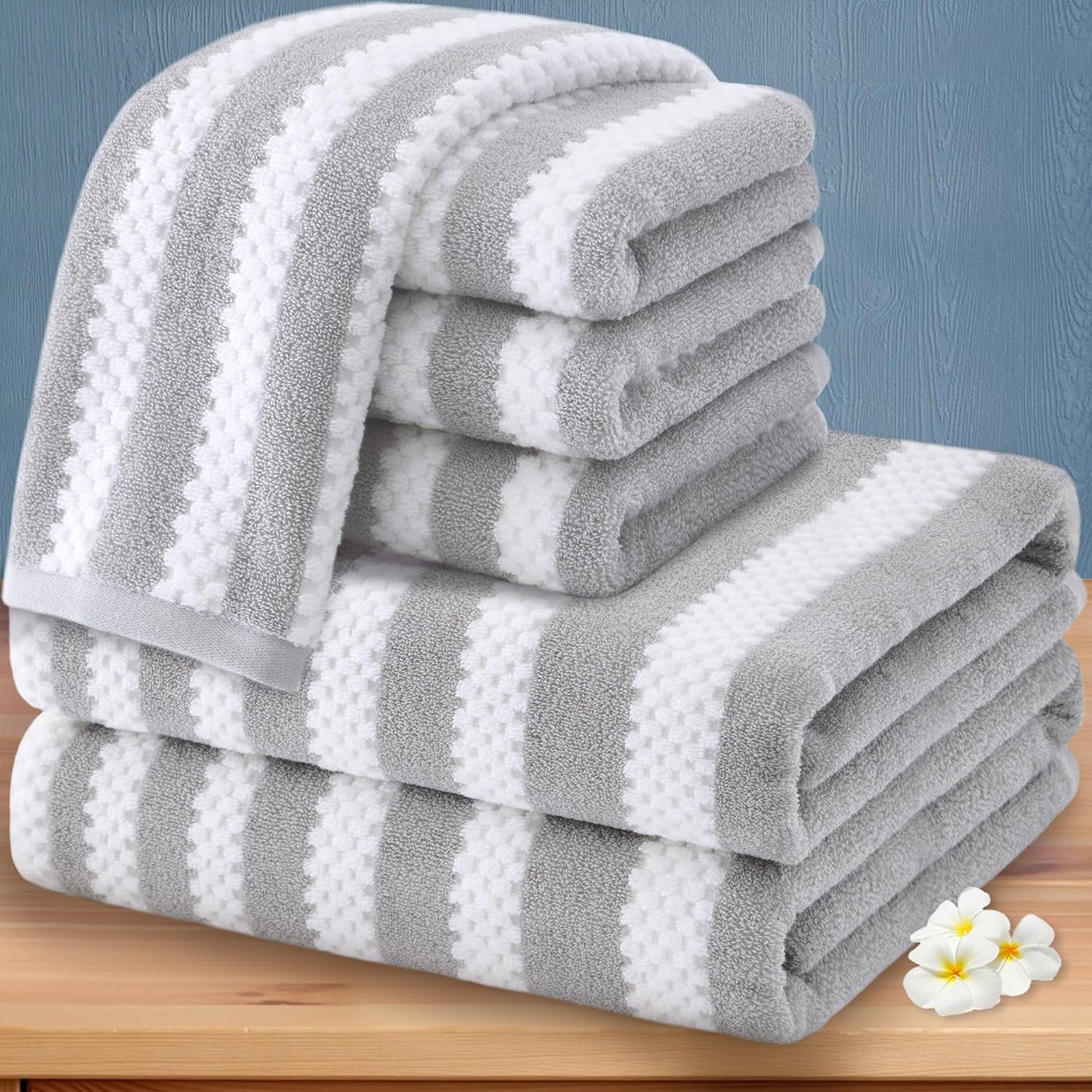 Striped Bath Towels (4PC, 30"x56") - Quick Dry | Absorb | Lightweight | 540GSM | Soft, Cotton Polyester Blend Bath Towels, Decorative Bath Towel with Hanging Loops, Blue-Grey Stripes + White Checkered
