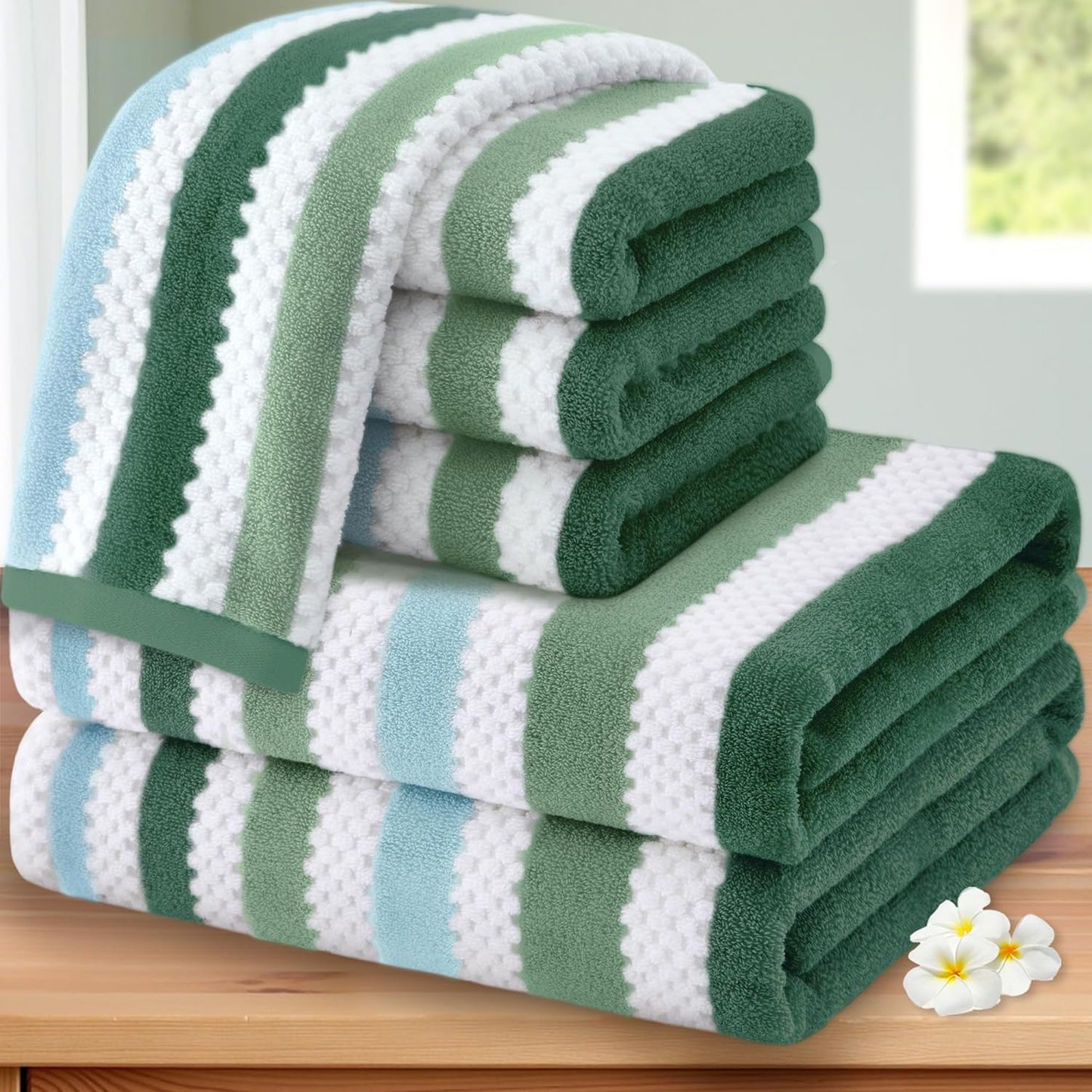 Striped Bath Towels (4PC, 30"x56") - Quick Dry | Absorb | Lightweight | 540GSM | Soft, Cotton Polyester Blend Bath Towels, Decorative Bath Towel with Hanging Loops, Blue-Grey Stripes + White Checkered