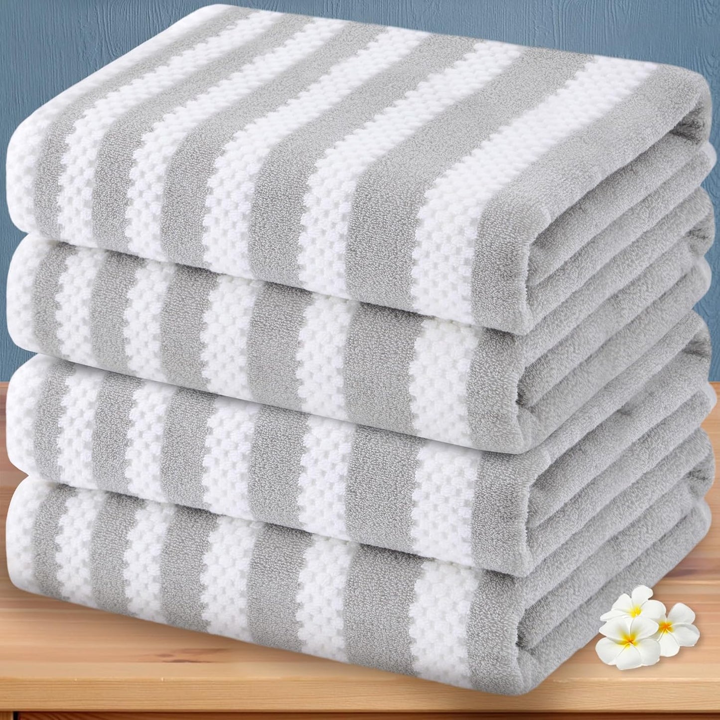 Striped Bath Towels (4PC, 30"x56") - Quick Dry | Absorb | Lightweight | 540GSM | Soft, Cotton Polyester Blend Bath Towels, Decorative Bath Towel with Hanging Loops, Blue-Grey Stripes + White Checkered