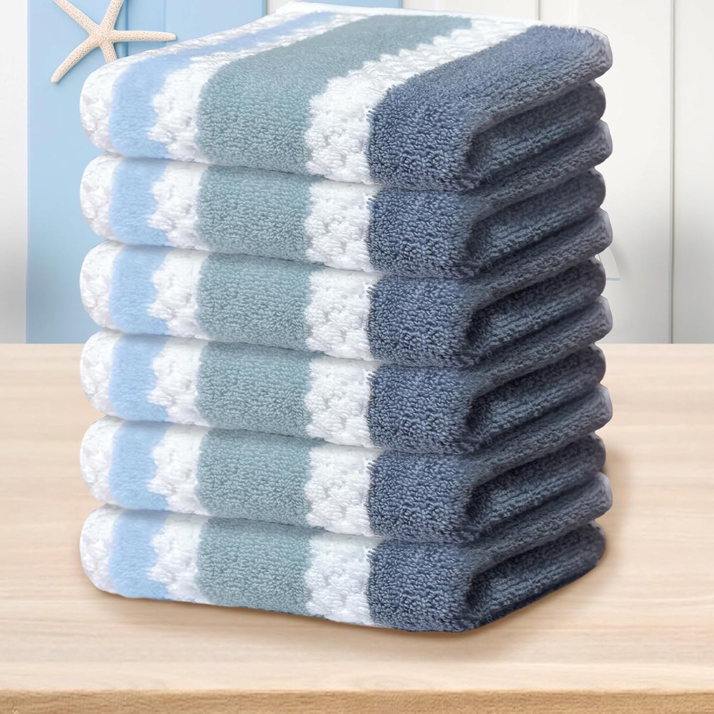 Striped Bath Towels (4PC, 30"x56") - Quick Dry | Absorb | Lightweight | 540GSM | Soft, Cotton Polyester Blend Bath Towels, Decorative Bath Towel with Hanging Loops, Blue-Grey Stripes + White Checkered