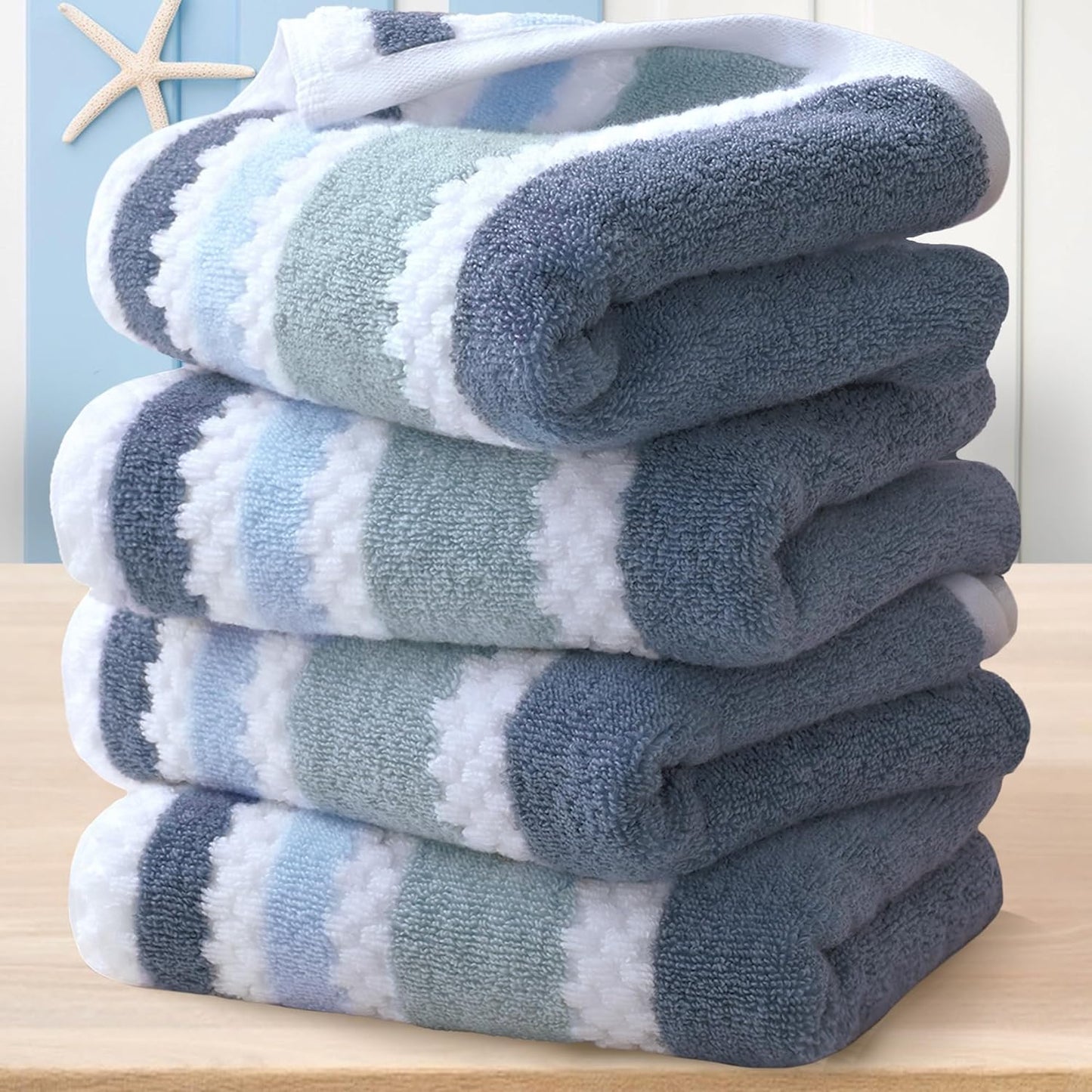 Striped Bath Towels (4PC, 30"x56") - Quick Dry | Absorb | Lightweight | 540GSM | Soft, Cotton Polyester Blend Bath Towels, Decorative Bath Towel with Hanging Loops, Blue-Grey Stripes + White Checkered