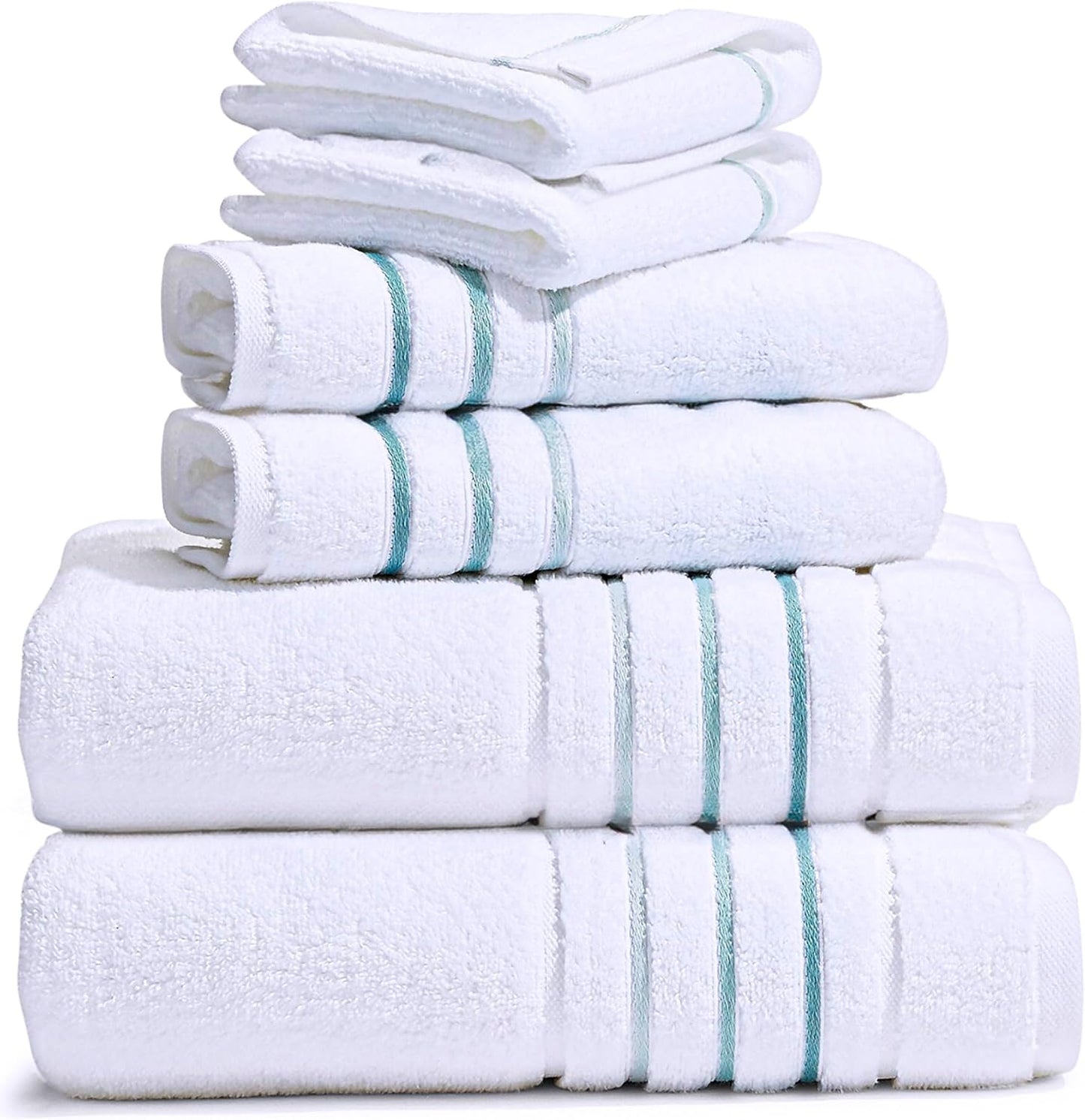 Bath Towel Set_White Towel For Bathroom, Luxury Hotel &Spa Quality, 100% Cotton .Includes 2 Large Bath Towels, 2 Hand Towels and 2 Washcloths.Super Soft, Absorbent & Decorative (White/Azure Blue)