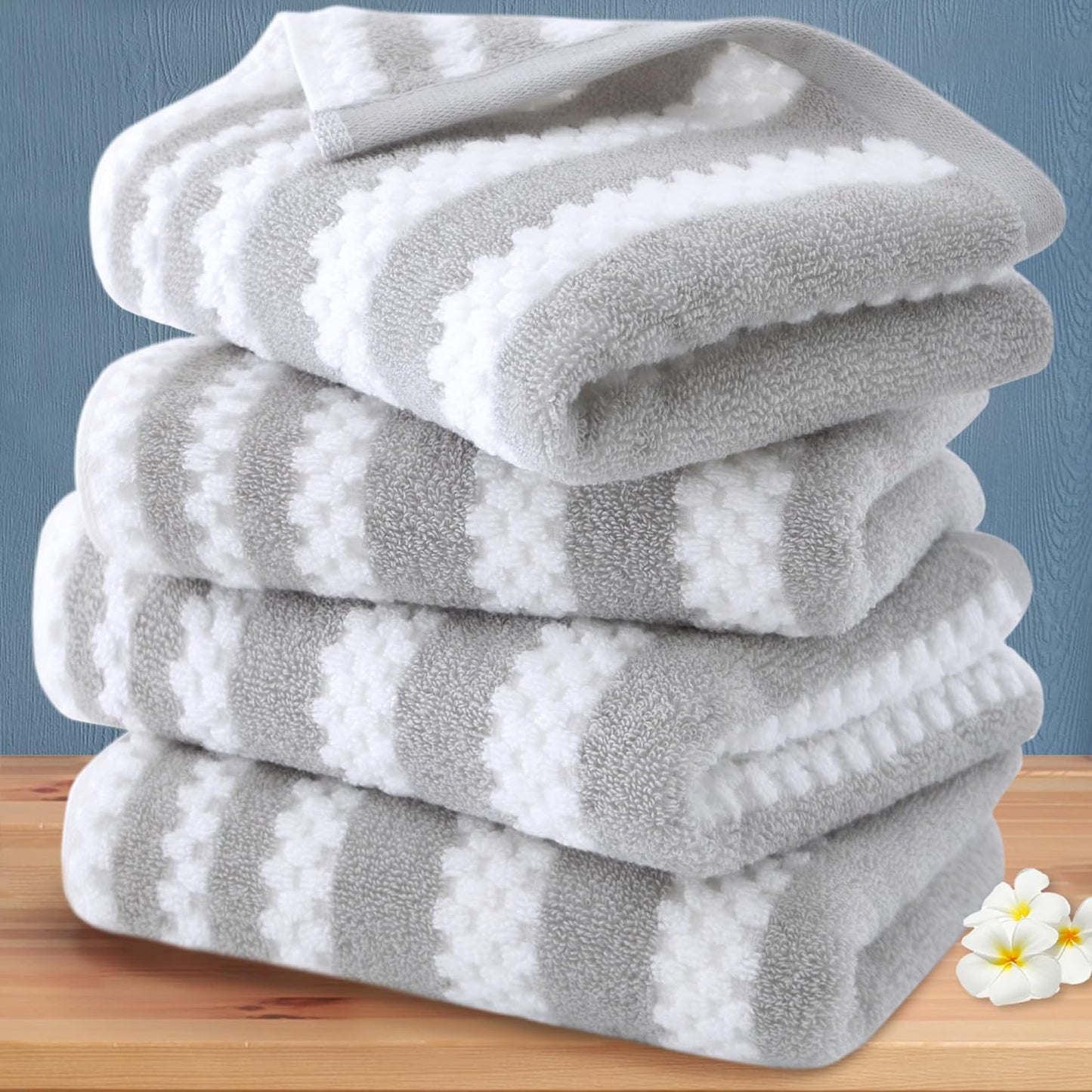 Striped Bath Towels (4PC, 30"x56") - Quick Dry | Absorb | Lightweight | 540GSM | Soft, Cotton Polyester Blend Bath Towels, Decorative Bath Towel with Hanging Loops, Blue-Grey Stripes + White Checkered