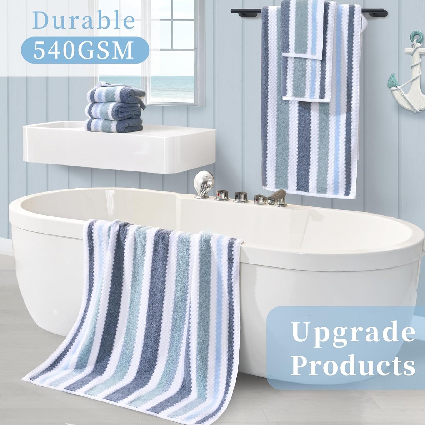 Striped Bath Towels (4PC, 30"x56") - Quick Dry | Absorb | Lightweight | 540GSM | Soft, Cotton Polyester Blend Bath Towels, Decorative Bath Towel with Hanging Loops, Blue-Grey Stripes + White Checkered