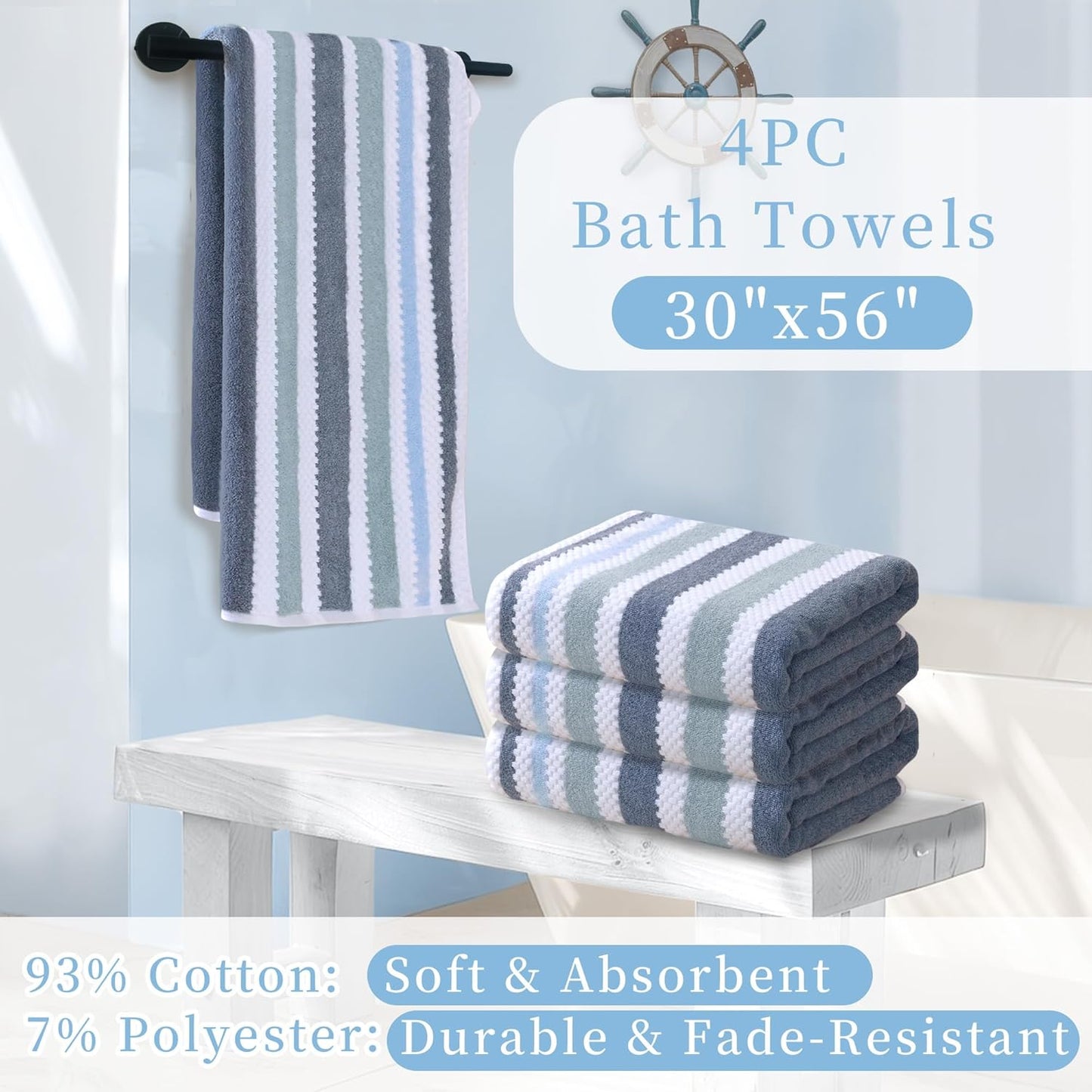 Striped Bath Towels (4PC, 30"x56") - Quick Dry | Absorb | Lightweight | 540GSM | Soft, Cotton Polyester Blend Bath Towels, Decorative Bath Towel with Hanging Loops, Blue-Grey Stripes + White Checkered