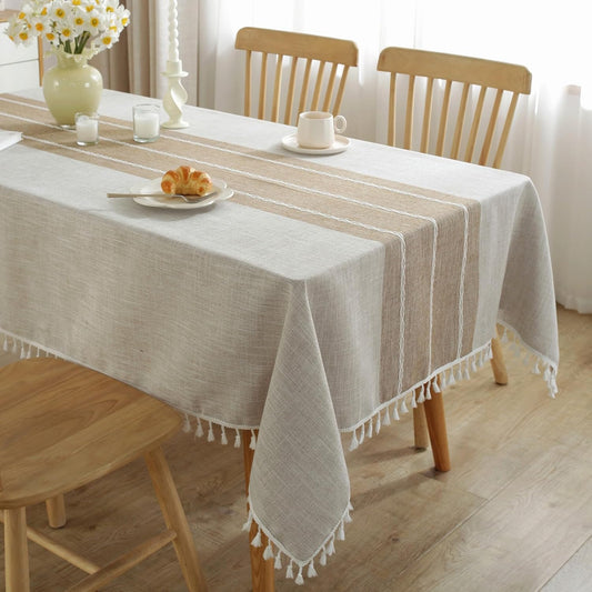 JIALE Tablecloths for Rectangle Tables, Cotton Linen Table Cloth Waterproof Tablecloth Wrinkle Free Farmhouse Dining Tables Cover, Soft Fabric Table Cloths with Tassels, Brown, 55" X 120", 10-12 Seats