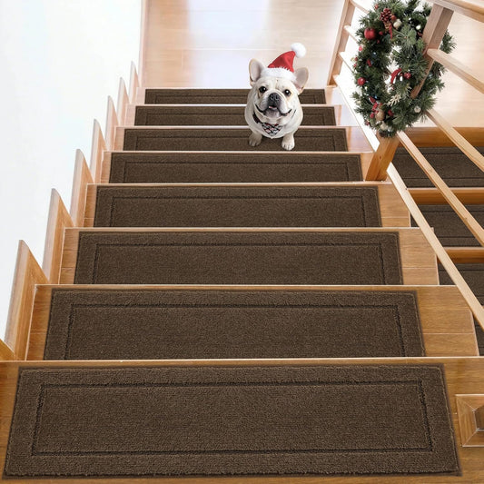 Non-Slip Stair Treads for Wooden Steps Indoor, 15 Pack 8" X 30" Edging Stair Rugs with TPE Backing, 0.4" Thick Carpet Stair Treads for Kids Elders & Pets, 100% Polyester Soft Stair Runners, Brown