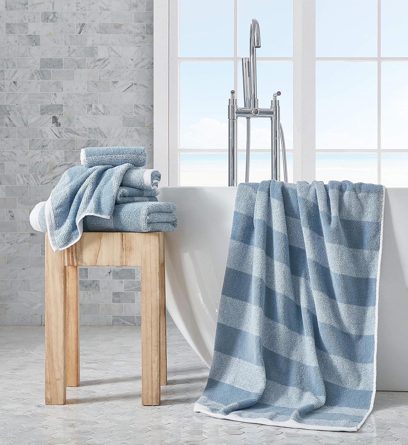Nautica - Bath Towels, 100% Soft & Absorbent Fluffy Cotton, Highly Absorbent & Quick Dry, Medium Weight Bathroom Towels (Oak Lake Blue, 6 Piece)
